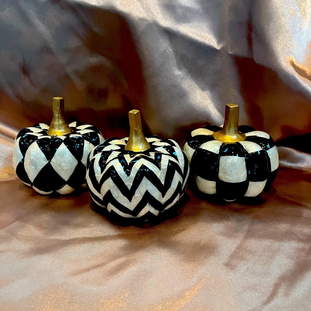NEW IN BOX MacKenzie Childs Elegant Black and White Pumpkins with Gold Stems